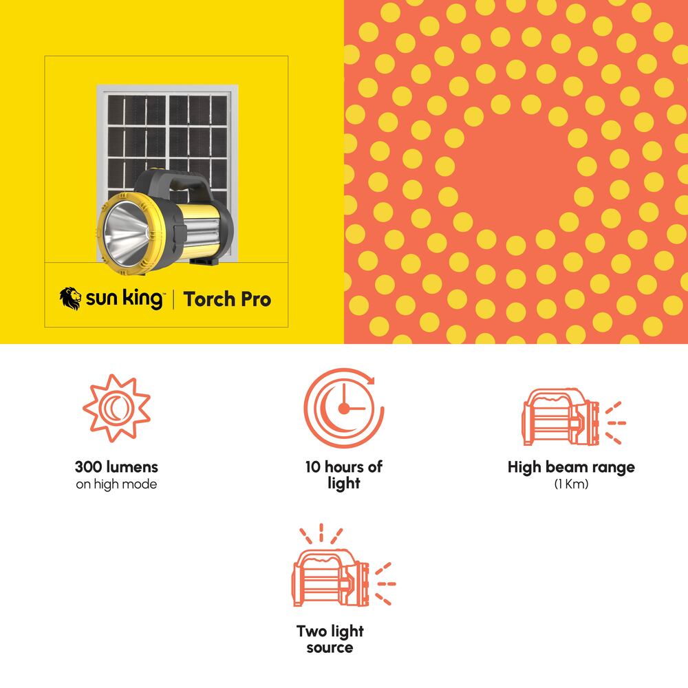 Sun King Portable Rechargeable Solar Torch Pro With Solar Panel