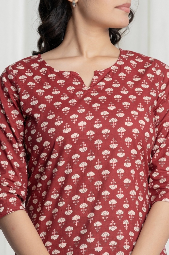 Red Women Cotton Short Kurti