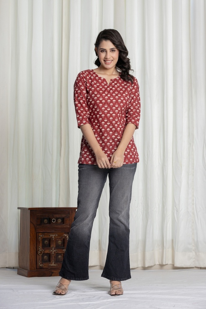 Red Women Cotton Short Kurti