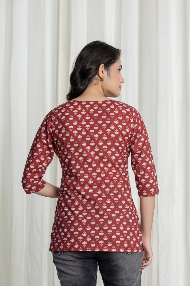 Red Women Cotton Short Kurti