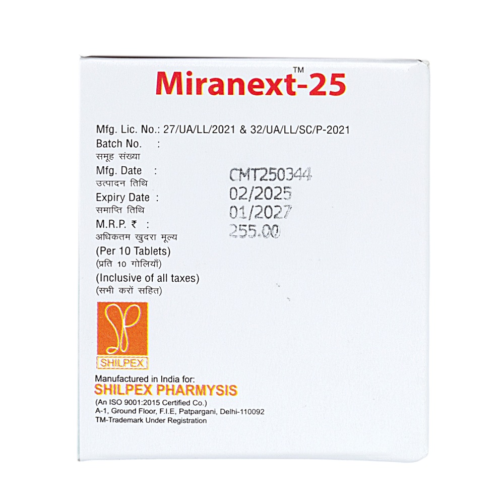 25mg Mirabegron Extended Release Tablets - Drug Type: General Medicines