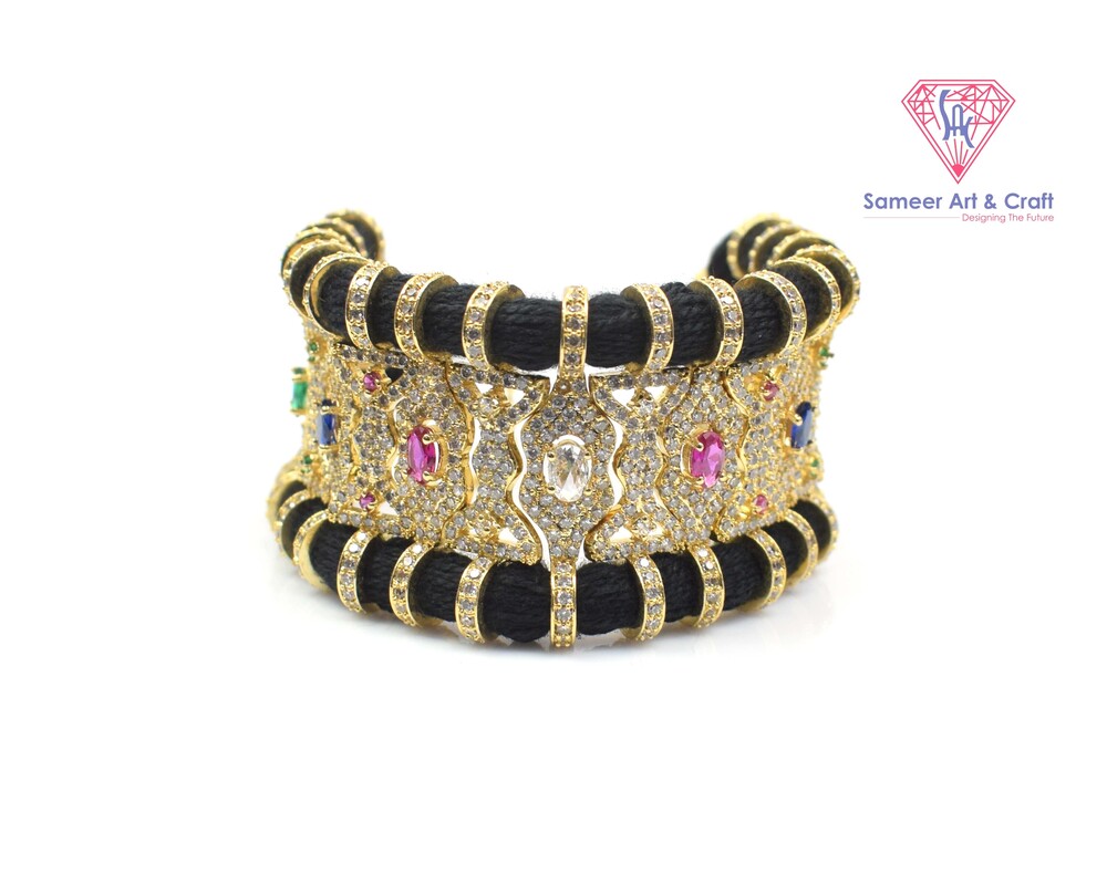 Multi Cubic Zirconia American Diamond Handmade Gold Plated Thread Adjustable Bracelet