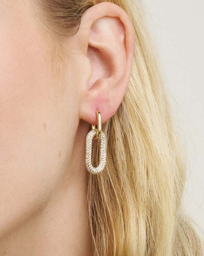 18K Gold Reversible Pave Link Earrings, 3-in-1 Lab Grown Diamond Oval Hoop Earrings for Women