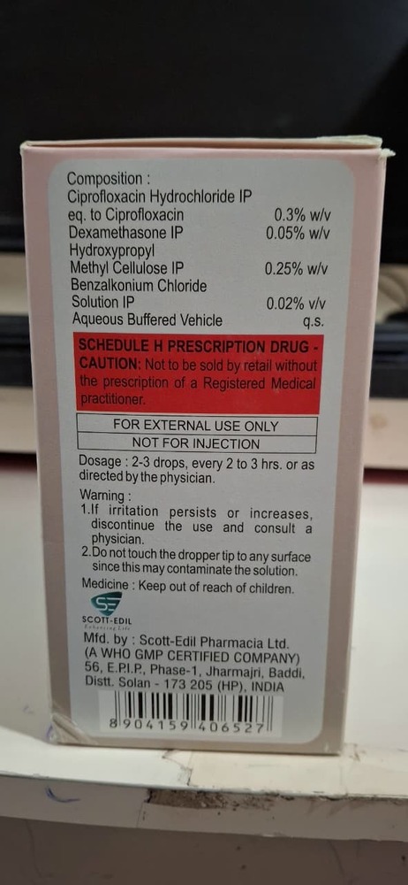 Ciprofloxacin + Dexamethasone +Hydroxypropyl Cellulose E/e Drop 10 Ml - Drug Type: General Medicines