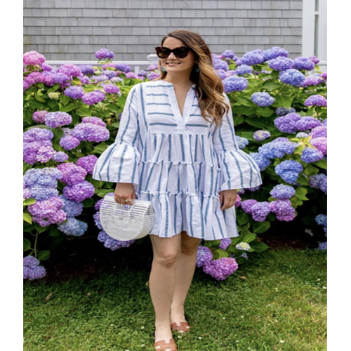 V Neck Short Dress - Color: White And Blue