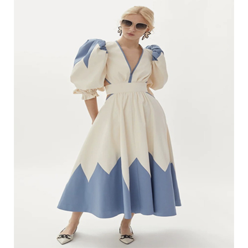 Balloon Sleeve Side Cut Dress - Color: White And Blue