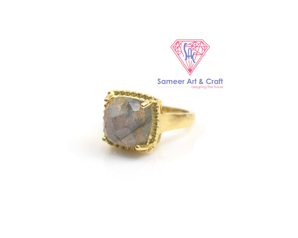 18k Gold Plated Cushion Shape Labradorite Gemstone Ring