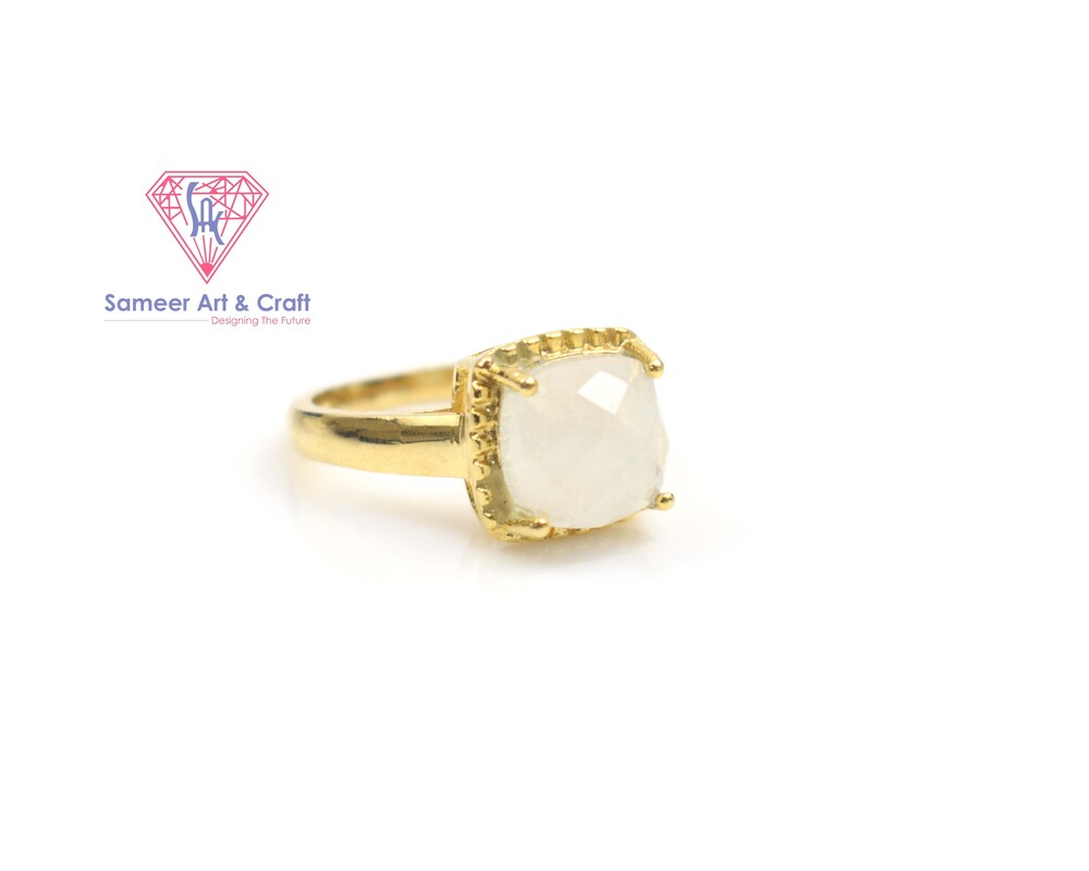 18k Gold Plated Cushion Shape Rainbow Moonstone Ring