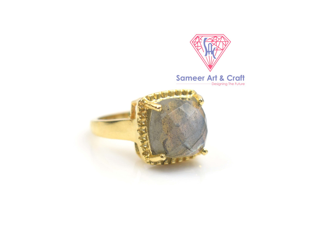 18k Gold Plated Cushion Shape Labradorite Gemstone Ring