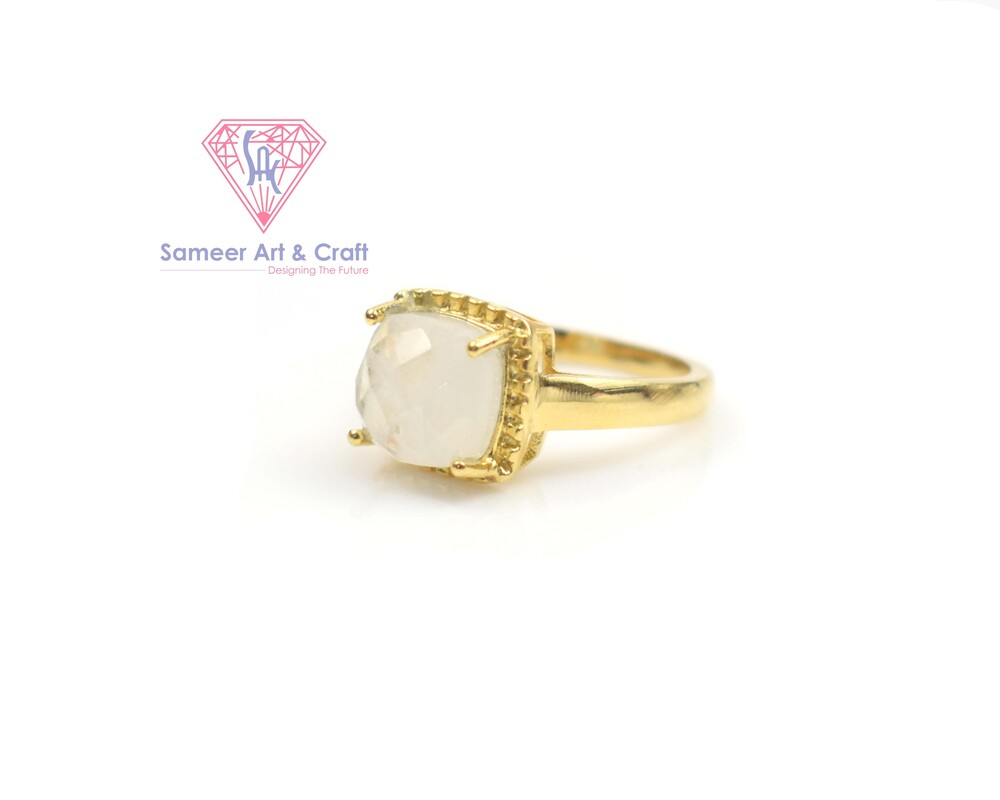 18k Gold Plated Cushion Shape Rainbow Moonstone Ring