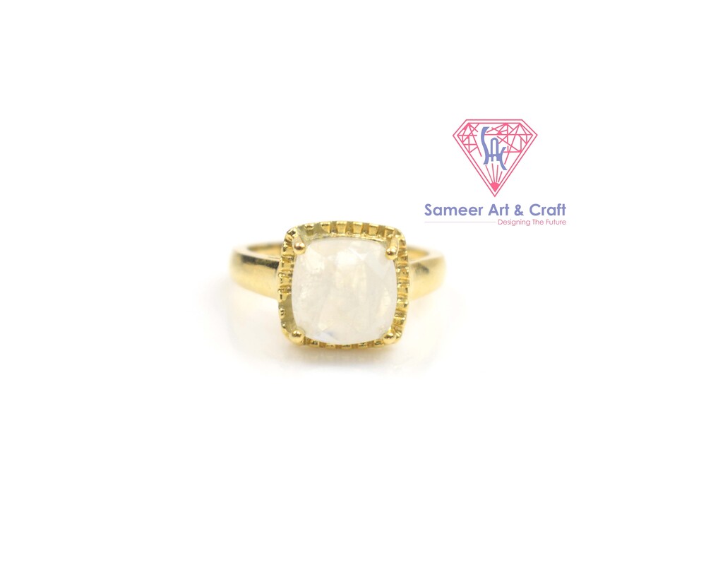 18k Gold Plated Cushion Shape Rainbow Moonstone Ring
