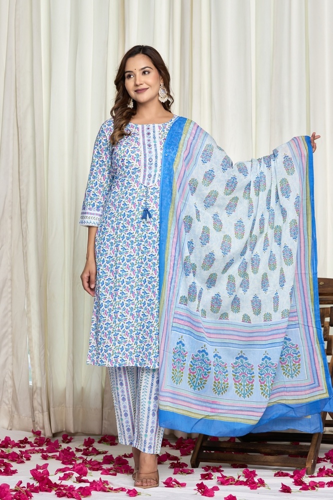 Blue Kurti Pant Set With Dupatta
