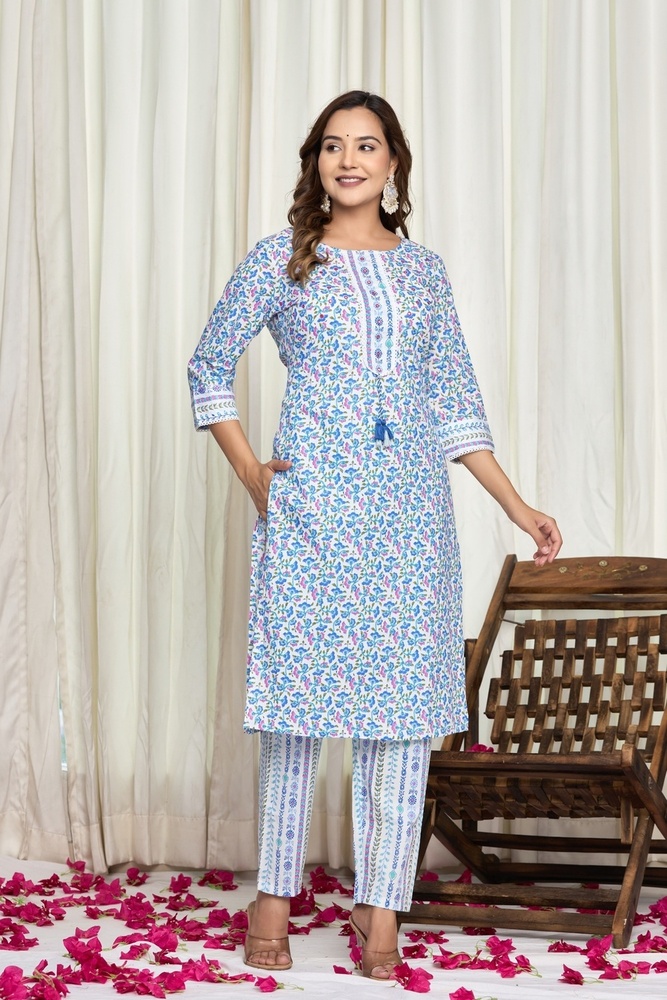 Blue Kurti Pant Set With Dupatta