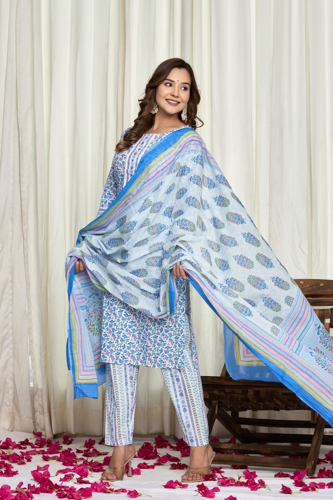 Blue Kurti Pant Set With Dupatta
