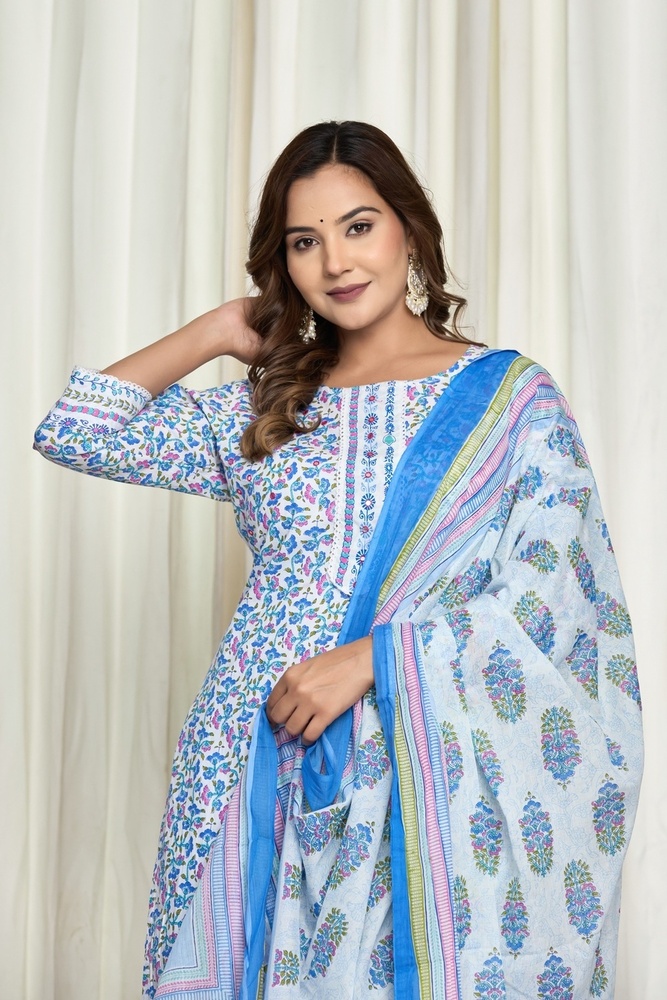 Blue Kurti Pant Set With Dupatta