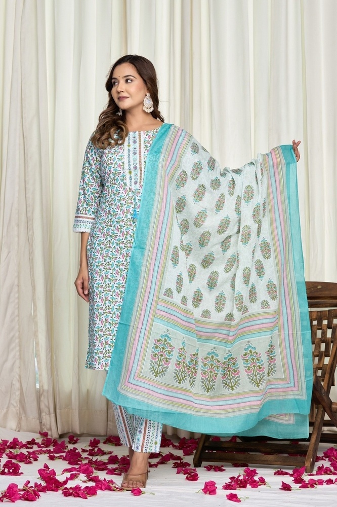 Green Cotton Kurti Pant Set with Dupatta