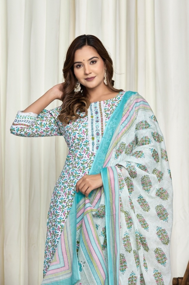 Green Cotton Kurti Pant Set with Dupatta