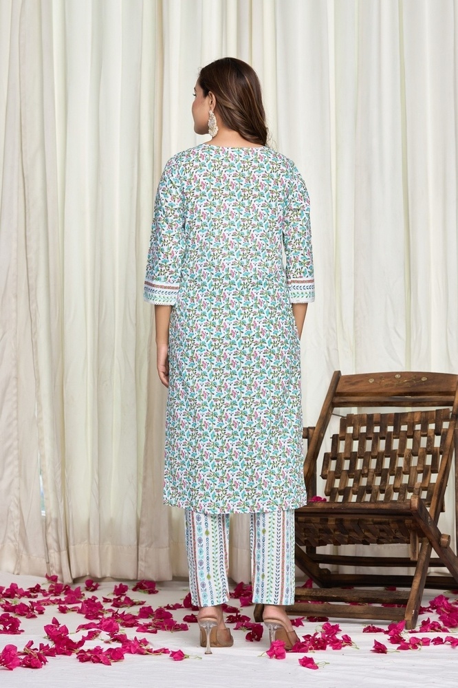 Green Cotton Kurti Pant Set with Dupatta