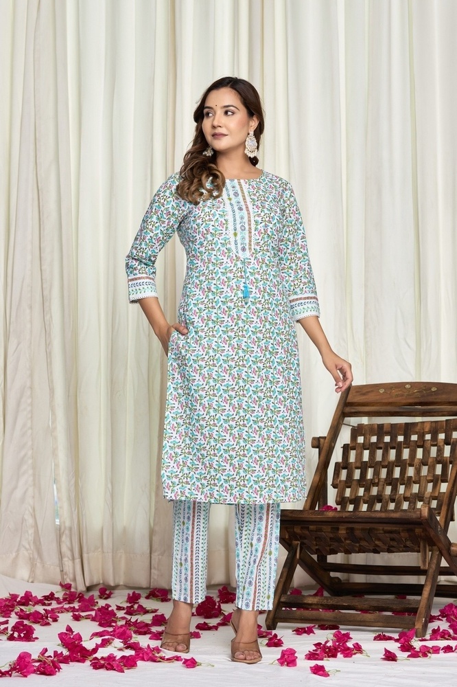 Green Cotton Kurti Pant Set with Dupatta