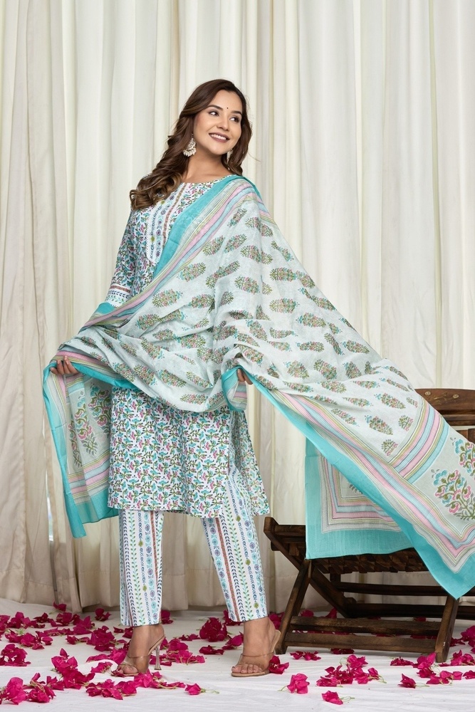 Green Cotton Kurti Pant Set with Dupatta