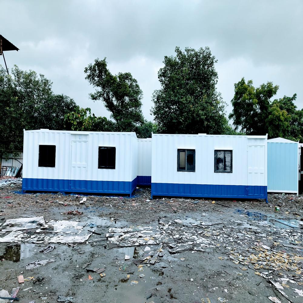 Ms Portable Office Cabin - Container Material, 6.5x3x7 Foot, White And Blue Color | High Wind Resistance, Vinyl Flooring, Sliding Window, 3000 Kg Floor Load