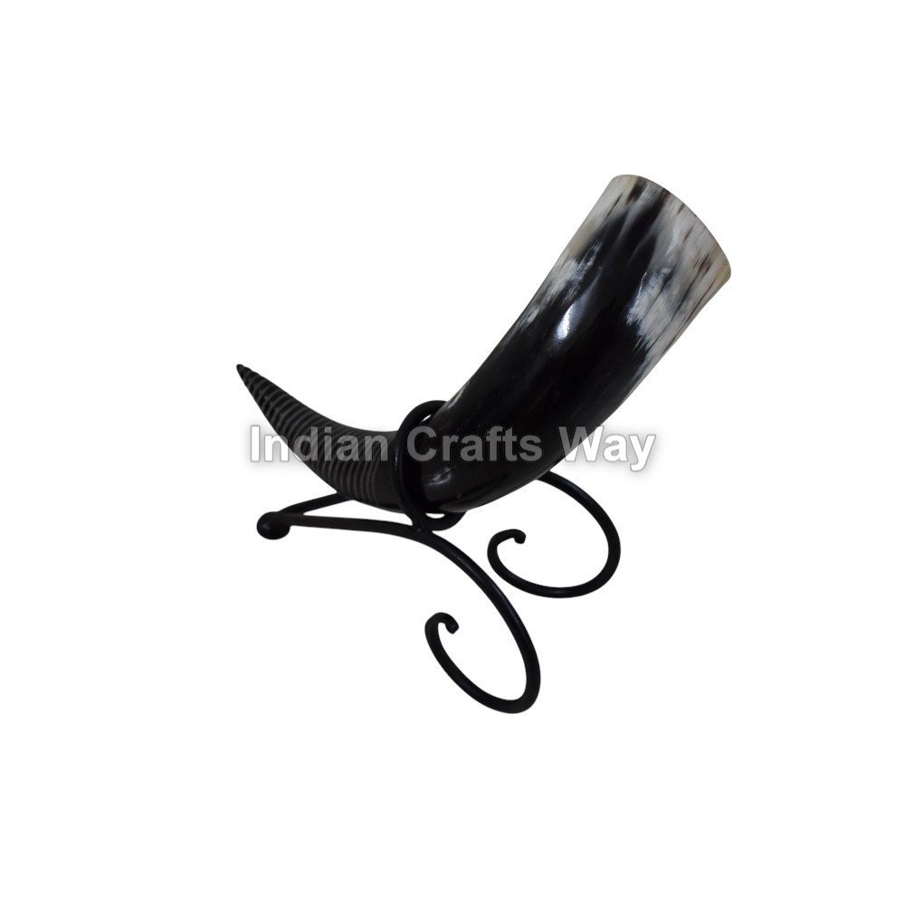 Hand Crafted Medieval Drinking Horn With Iron Stand - Color: Natural