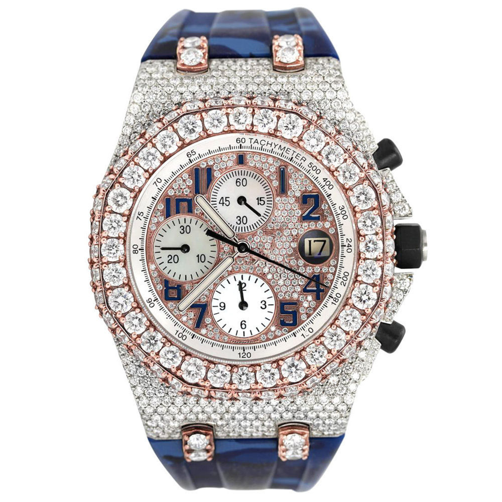 Uxury Twotone Dial Half Iced Moissanite Diamond Wristwatch Blue Rubber Belt Chronograph Custom Date Analog Quartz For Men And Women - Color: Multi