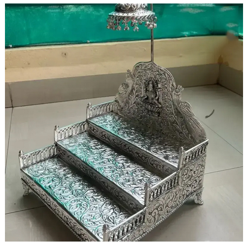 German Silver 3 Steps Sihasana With Laxmi Motif On Backrest - Feature: Light Weight