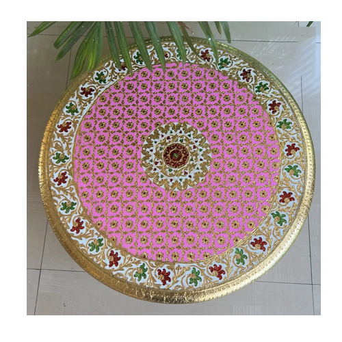 Premium Wood Based German Silver Coated Meena Round Chowki - Design: Antique