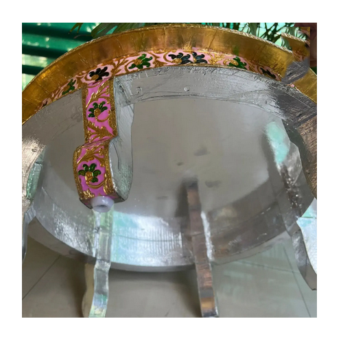 Premium Wood Based German Silver Coated Meena Round Chowki