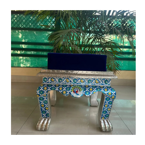 Premium Wood Based German Silver Coated Meena Cushioned Stool Cushioned Mukhali - Color: Multicolor