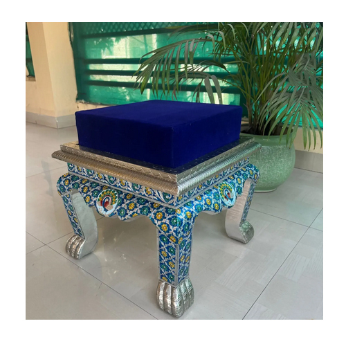Premium Wood Based German Silver Coated Meena Cushioned Stool Cushioned Mukhali