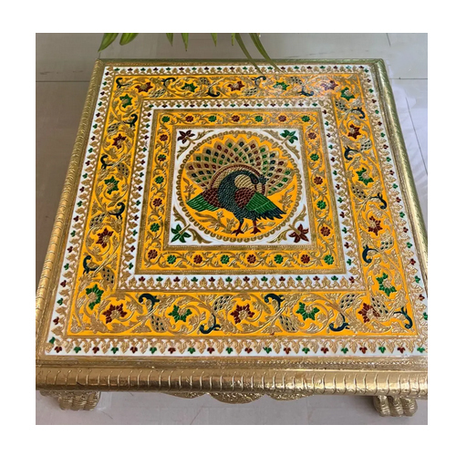 Premium Wood Based German Silver Coated Yellow Meena Square Chowki - Color: Multicolor