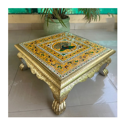 Premium Wood Based German Silver Coated Yellow Meena Square Chowki