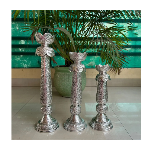 German Silver Beautifully Carved Candle Stand Holders Set - Feature: Easy To Clean