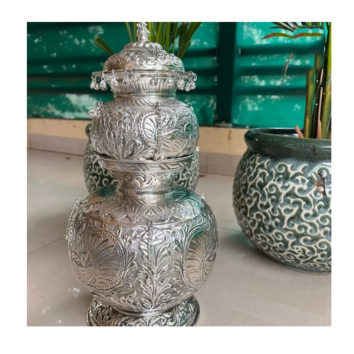 German Silver Stand Double Mangal Kalash Set With Cap