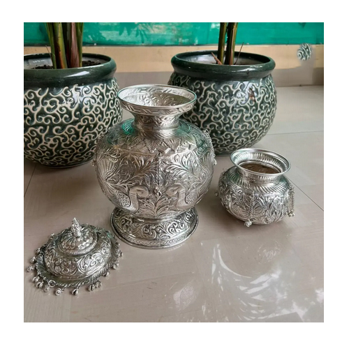 Stand Double Mangal Kalash Set With Cap - Color: Silver