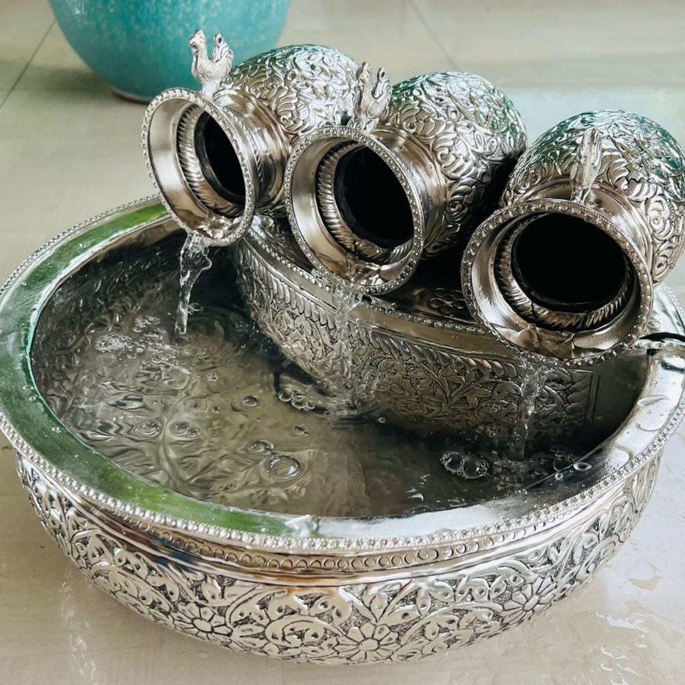 German Silver Fountain Urli With 3 Kalash Peacock On Top - Design: Antique