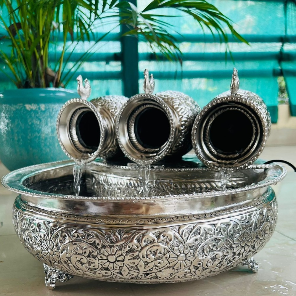 German Silver Fountain Urli with 3 kalash Peacock on top