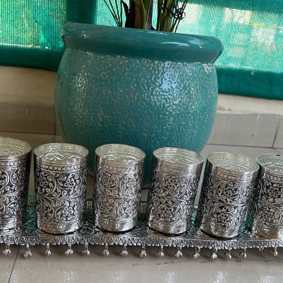 German Silver Fine Carved Tray Set - Feature: Durable