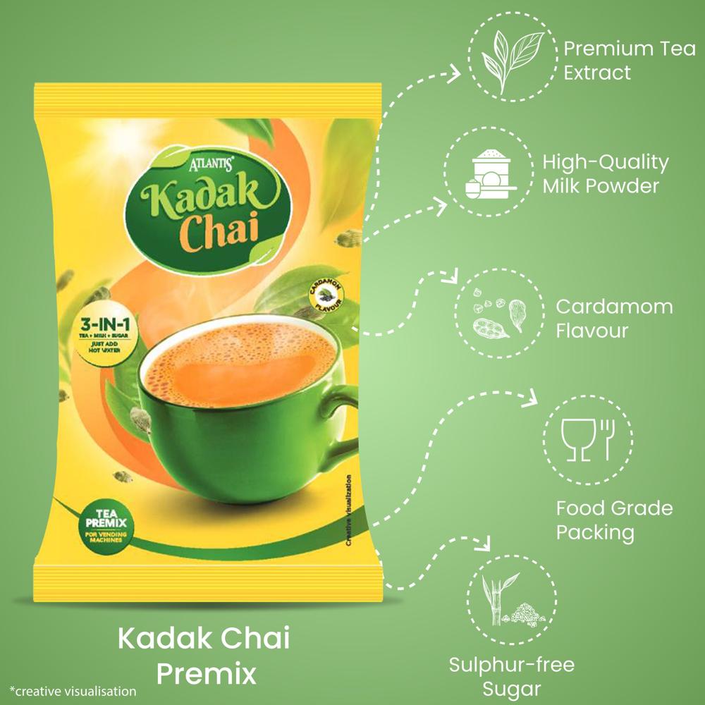ATLANTIS Kadak 3-in-1 Cardamom Tea Premix - 1kg Pack | Strong & Flavourful Chai for Vending Machines
