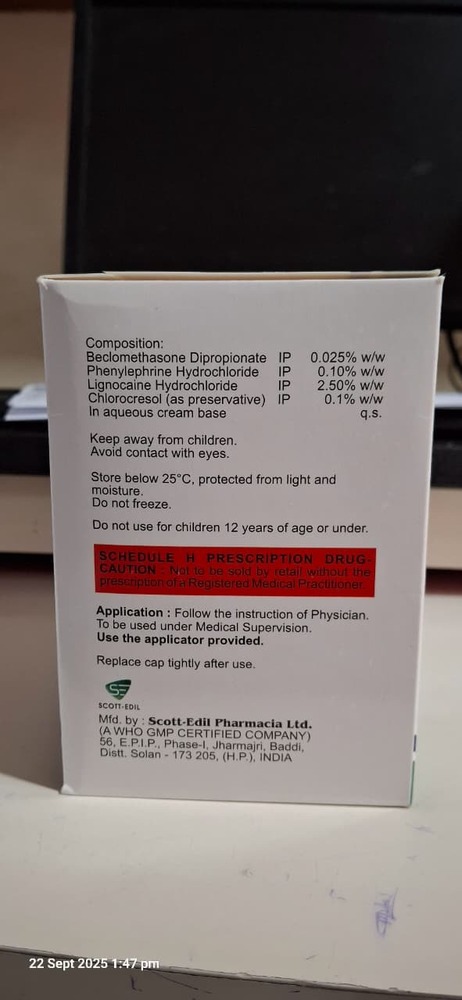 BECLOMETHASONE DIPROPIONATE + PHENYLEPHRINE HCL +LIGNOCAINE HCL 20 GM CREAM