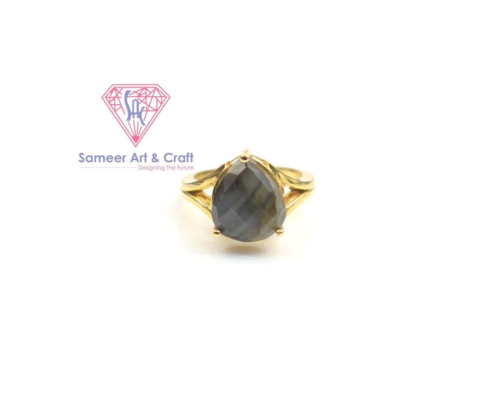 Brass with 18k Gold Plated Labradorite Gemstone Fashion Finger Ring
