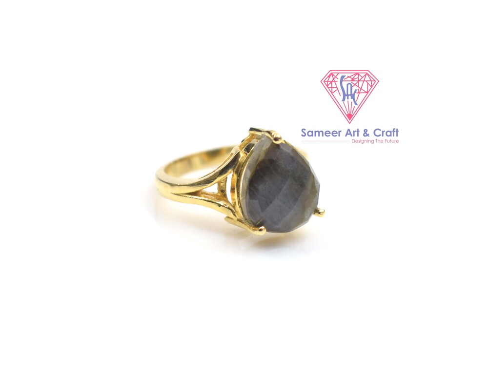 Brass with 18k Gold Plated Labradorite Gemstone Fashion Finger Ring