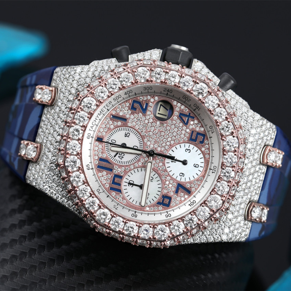 Uxury Twotone Dial Half Iced Moissanite Diamond Wristwatch Blue Rubber Belt Chronograph Custom Date Analog Quartz For Men And Women - Color: Multi