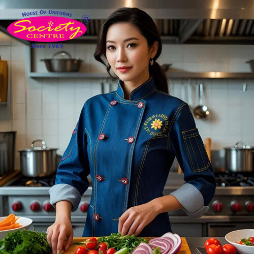 Executive Denim Chef Coat - Collar Type: Stand Collar