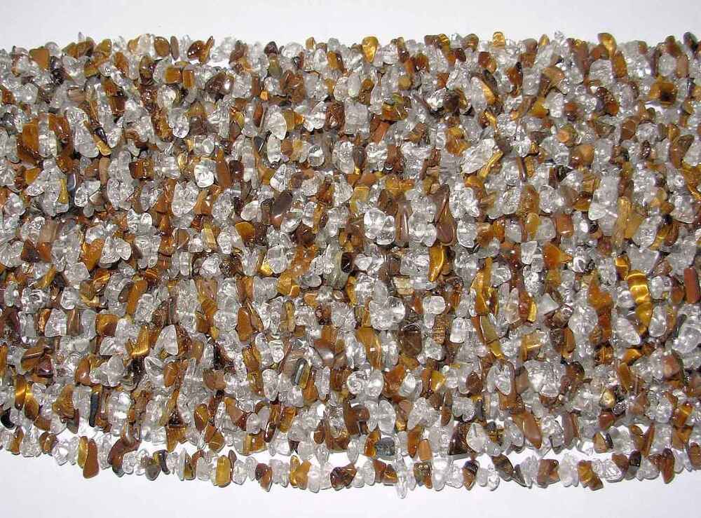 Crystal And Yellow Tiger Eye 2x2 Combination Tumbled Chips Necklaces