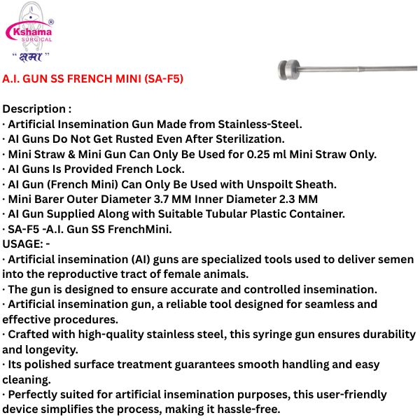 Artificial Insemination Gun Mini French Lock Use Only Mini Straw (ai Gun) (Pack Of 1 Pc) With Outer Pack Container Reusable