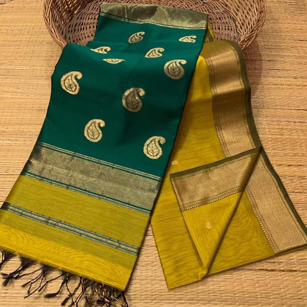 Ladies Festival Wear Cotton Silk Maheswari Saree With Blouse Piece - Color: Green