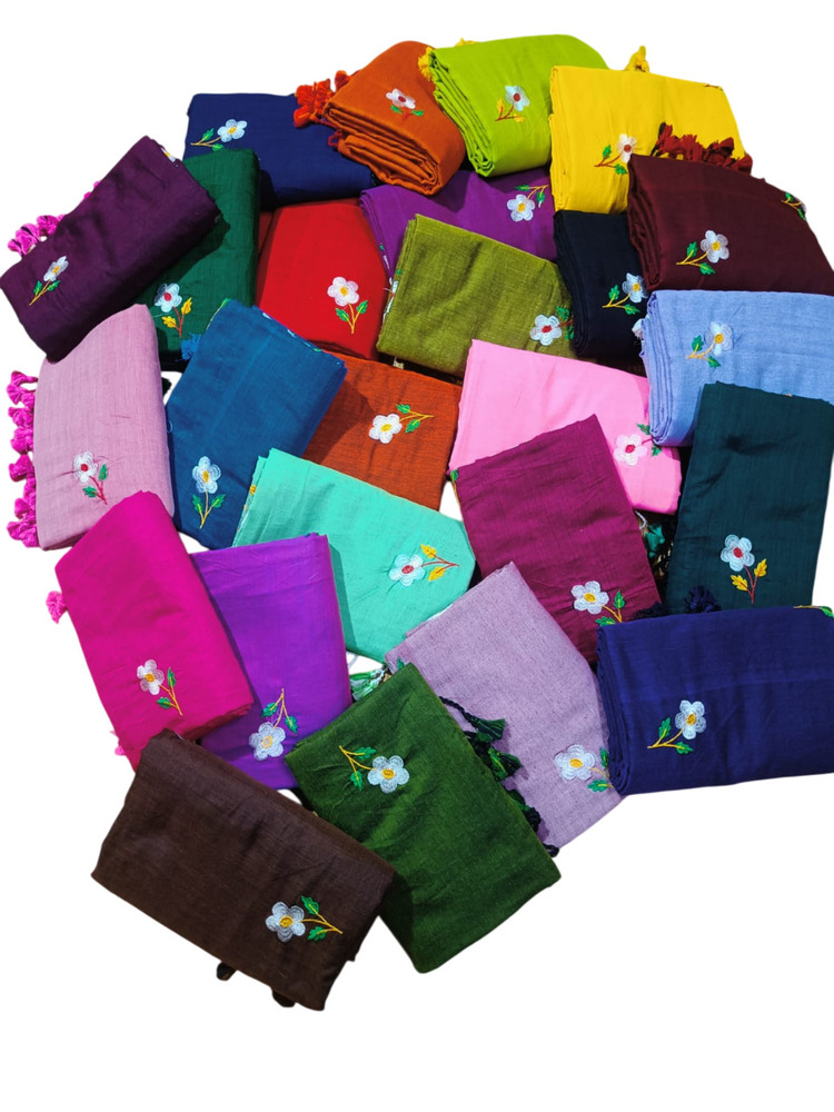 Handloom Khadi Cotton Saree With Flower Embroidery Work - Color: Multicolor
